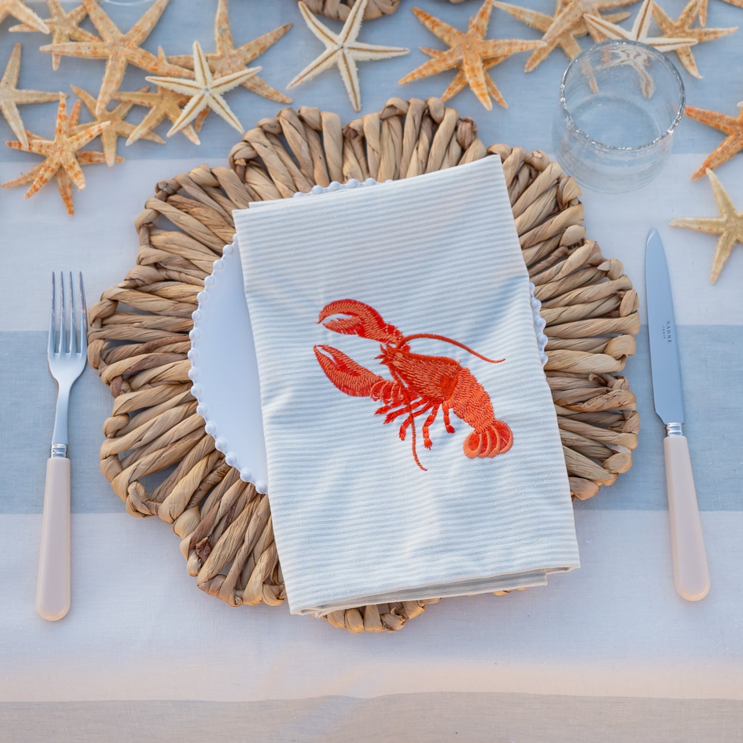 Tafelkleed Sunbrella, aqua blauw met gebroken wit gestreept