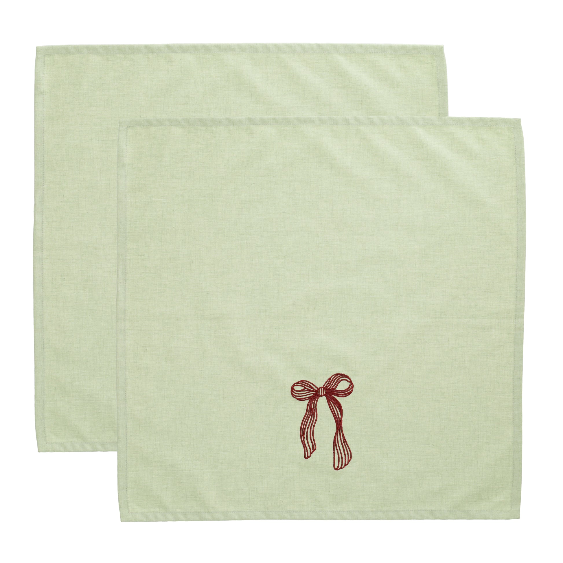 Set van 2 lichtgroene servetten met bordeaux rood strik borduursel