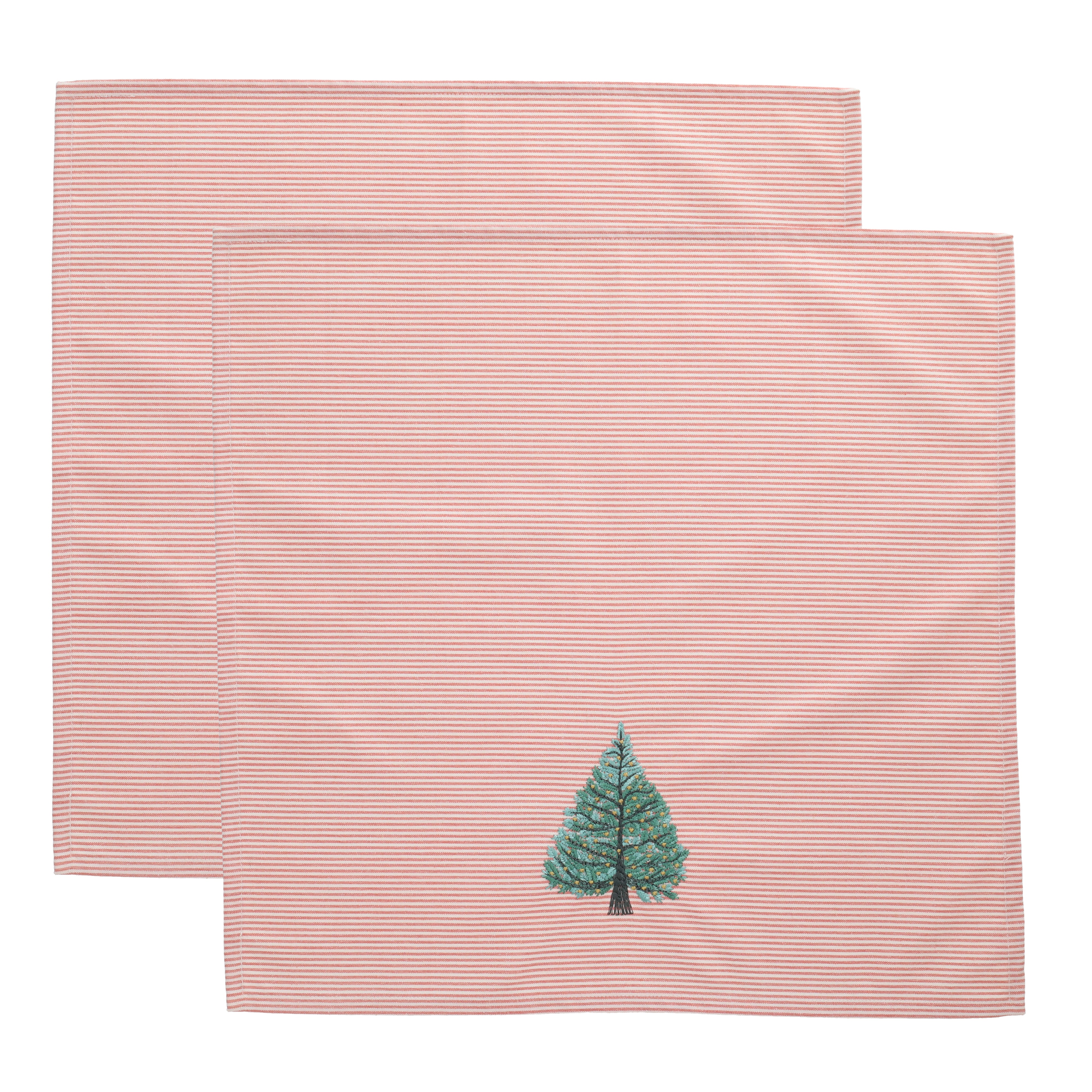 Set van 2 servetten rood-wit gestreept met kerstboomborduursel 