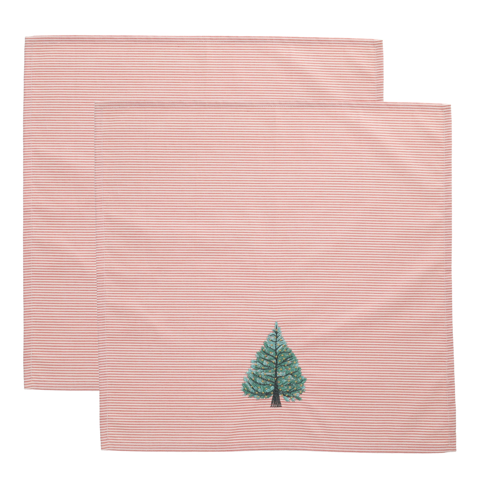 Set van 2 servetten rood-wit gestreept met kerstboomborduursel 