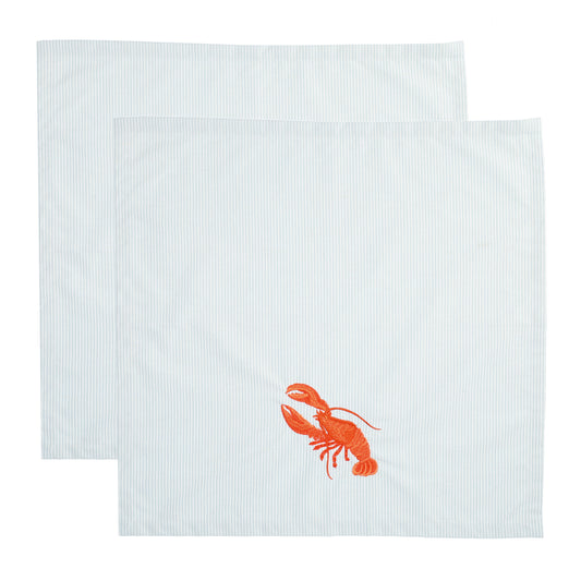 Servet lichtblauw/wit gestreept met geborduurde kreeft - Fresh Lobster set van 2