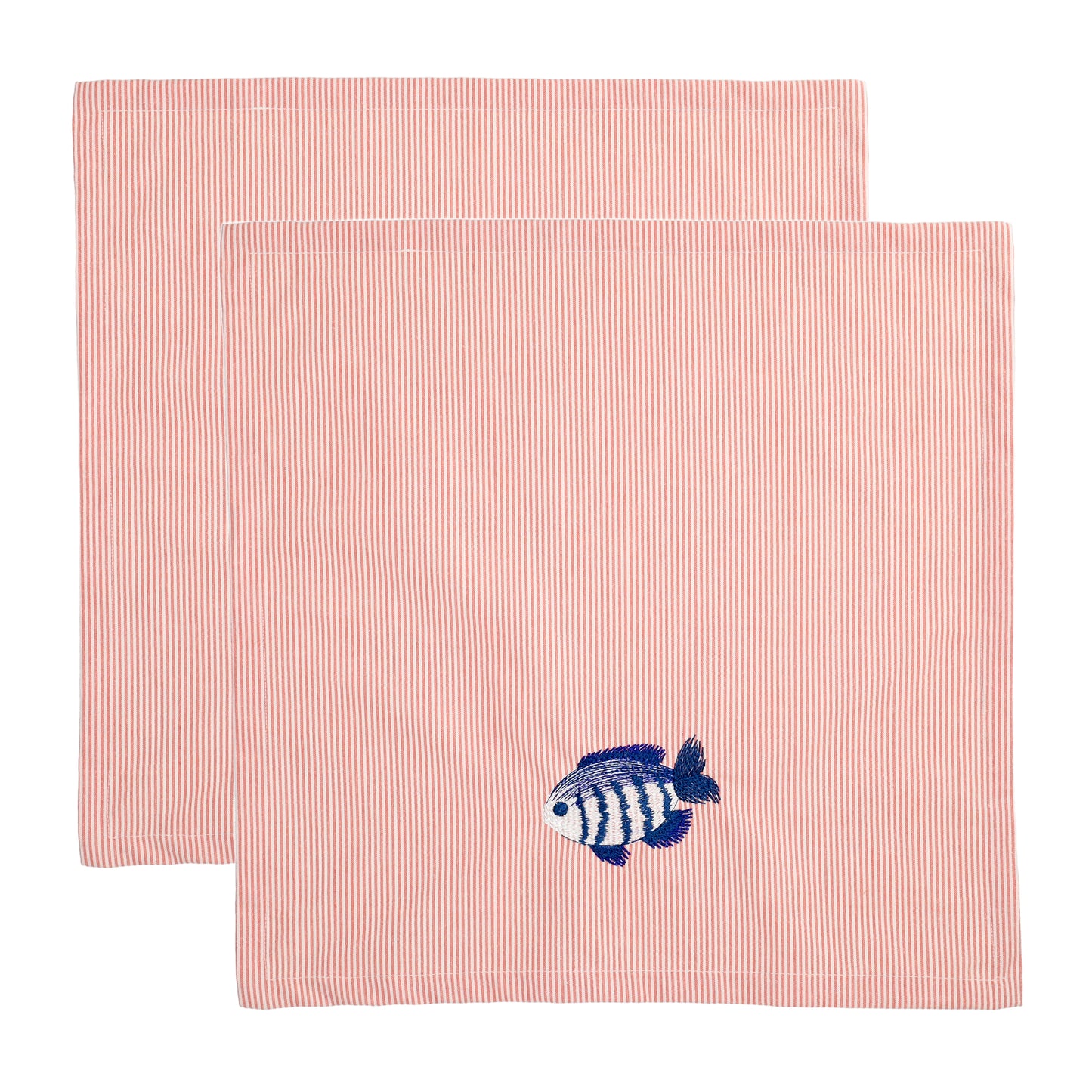 Servet rood/wit gestreept met geborduurde vis - Petit Poisson set van 2