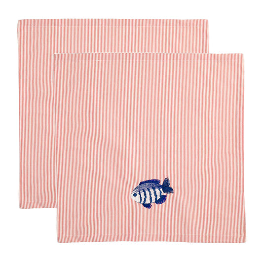 Servet rood/wit gestreept met geborduurde vis - Petit Poisson set van 2